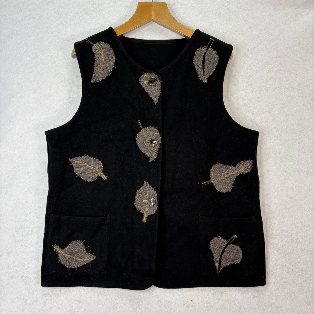 Womens Black Embroidered Leaf Applique Button Front Vest XL Cottagecore Handmade
